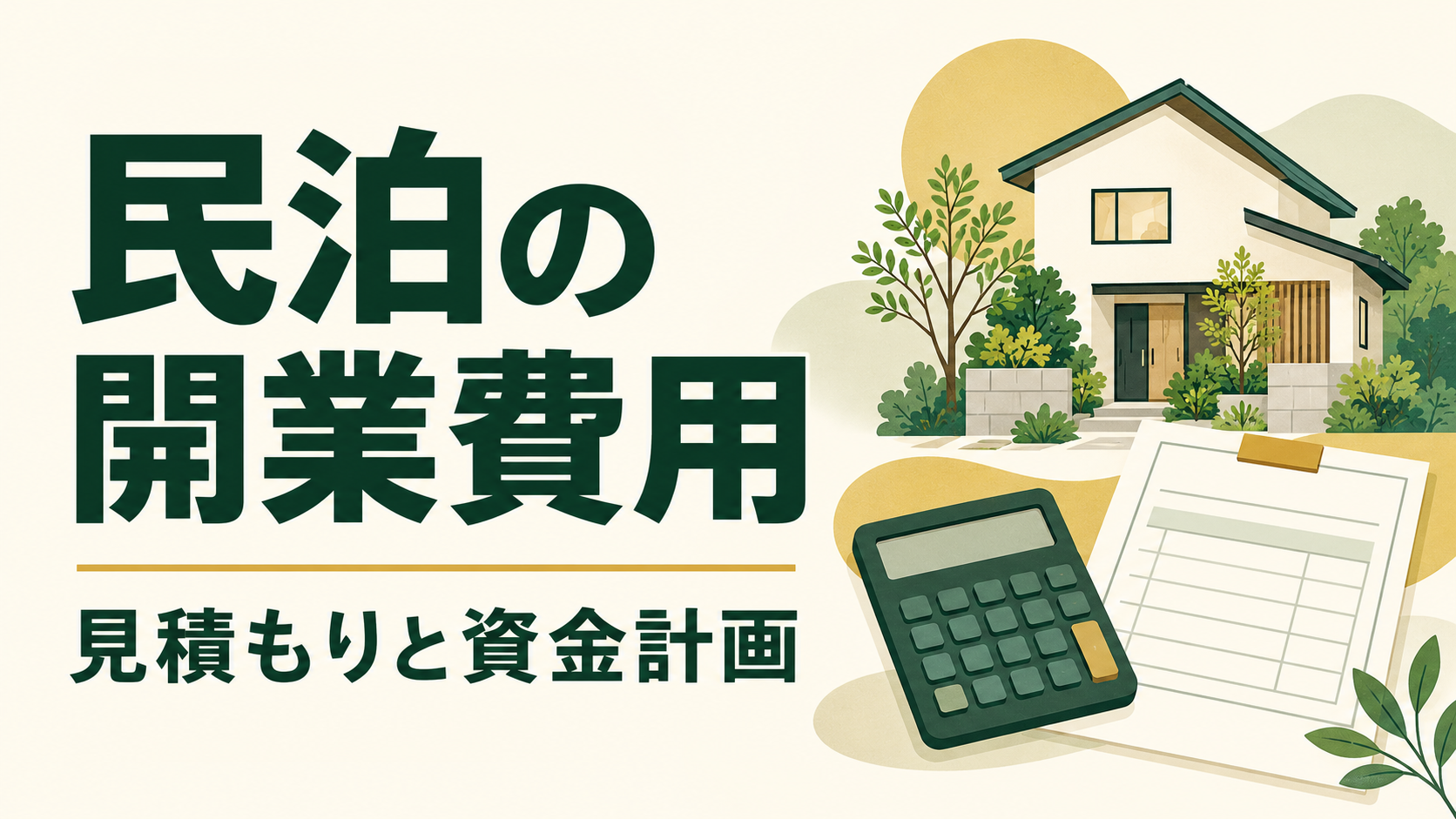 民泊の開業費用と見積もり・資金計画を表す家、電卓、見積書のイラスト