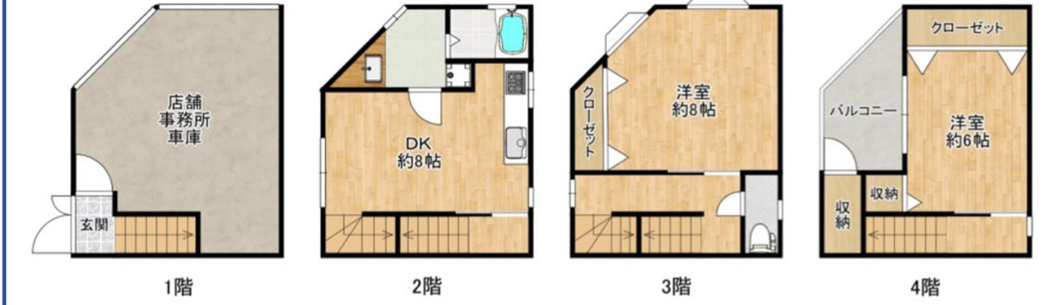 市岡元町2丁目戸建て 間取り図（1階:店舗・事務所・車庫、2階:DK約8帖、3階:洋室約8帖、4階:洋室約6帖）