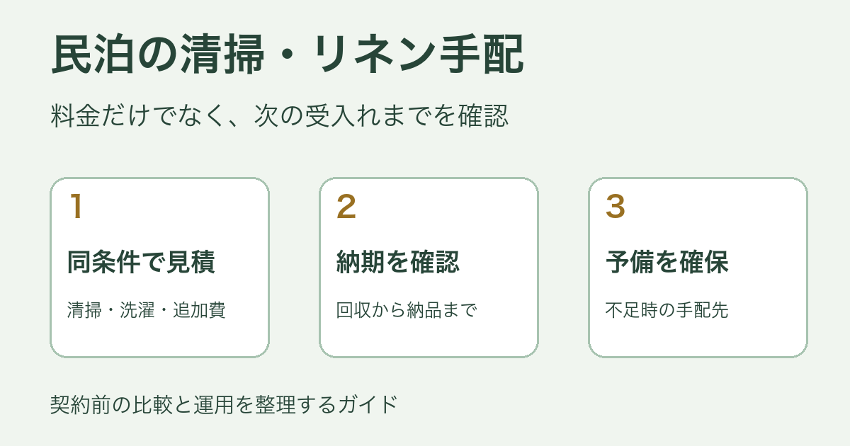 民泊の清掃・リネン手配で、同条件の見積もり、納期、予備を確認する3つの観点。